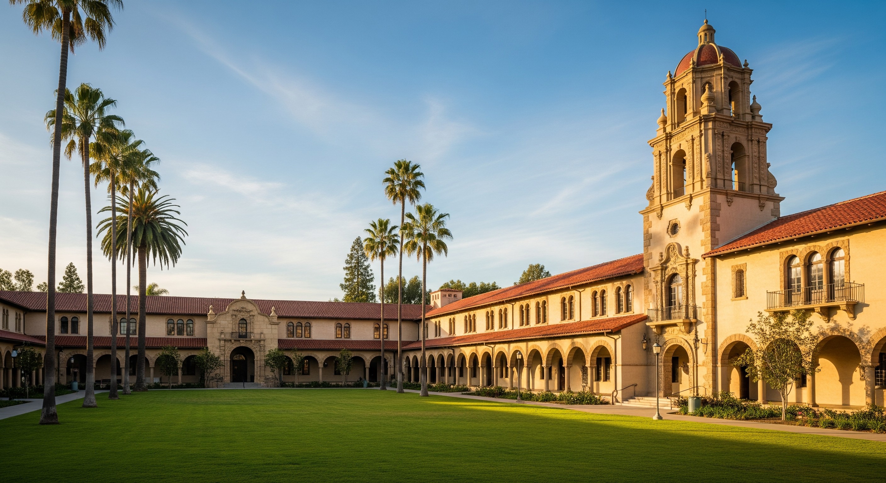A California university campus with a bell tower and palm trees at golden hour